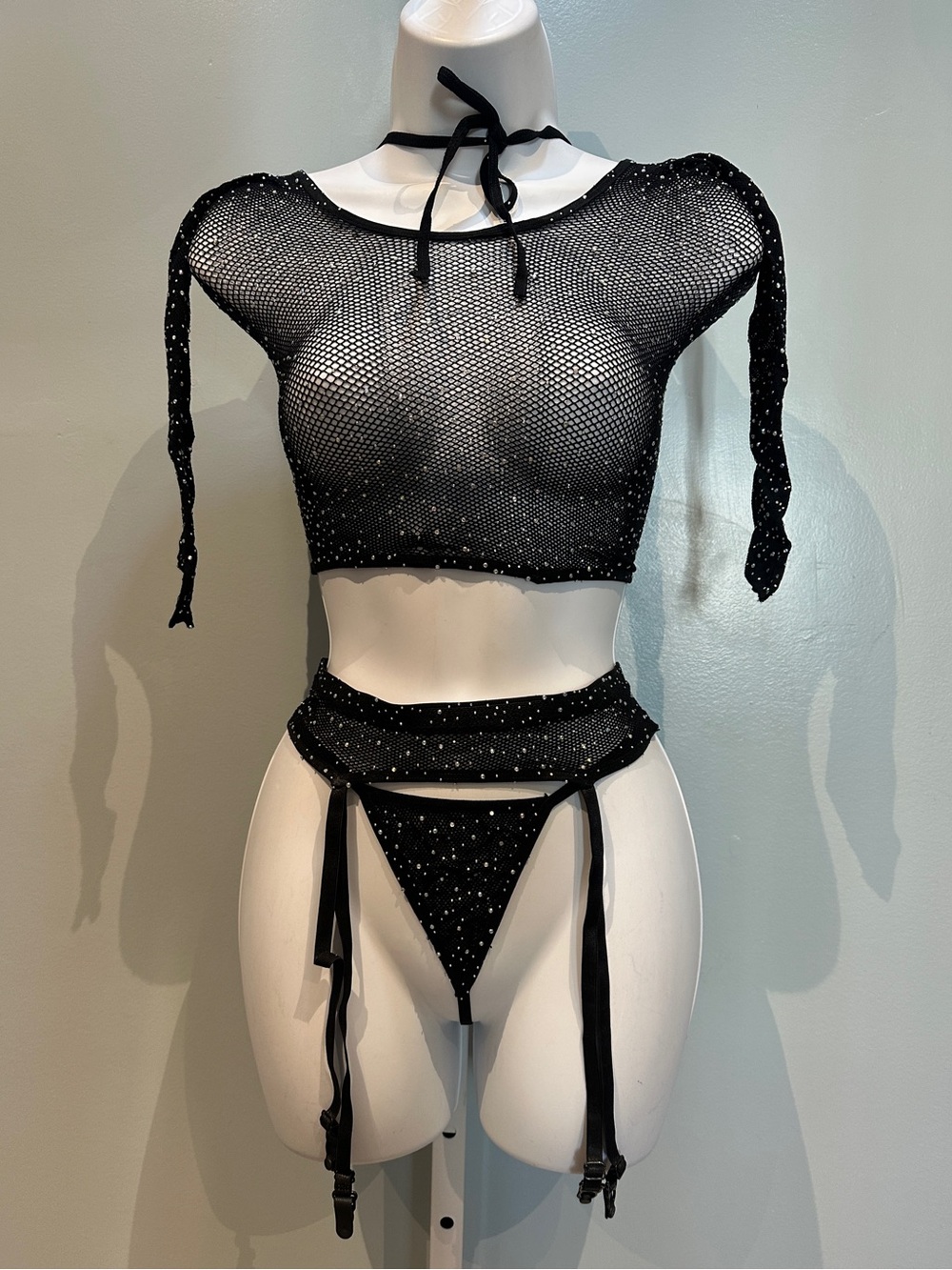 Black Fishnet Bejeweled Lingerie 4-Piece Set NWOT